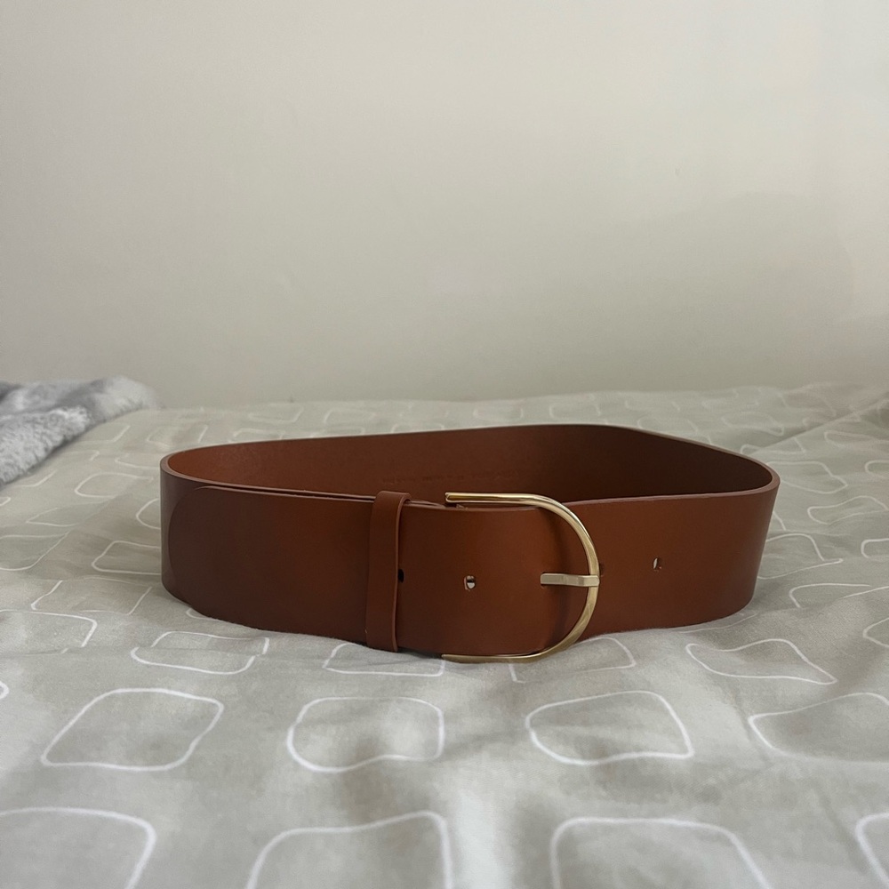 & Other Stories Italian Leather Brown Waist Belt with Gold Buckle